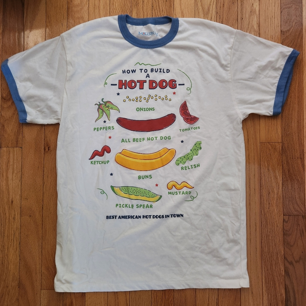 Hot Dog Summer Graphic White Ringer T-Shirt Large,  Like New